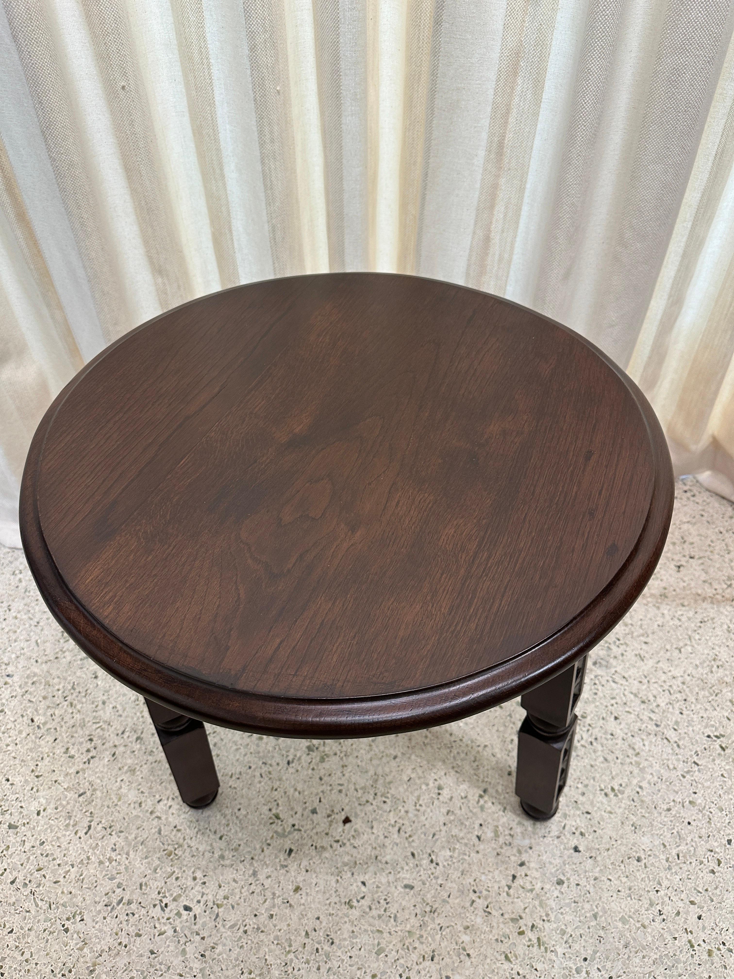 French 40's beautiful round oak side table with rush apron decorative detail by Charles Duduoyt.  Tri-Legged and carved wood decorative details.  Highlight is the original painted accents to rush weaving around the table in red and green.   NOTE: