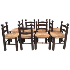 Charles Dudouyt Set of 8 Oak Chairs, Quille Model with Straw Seat, French, 1940s