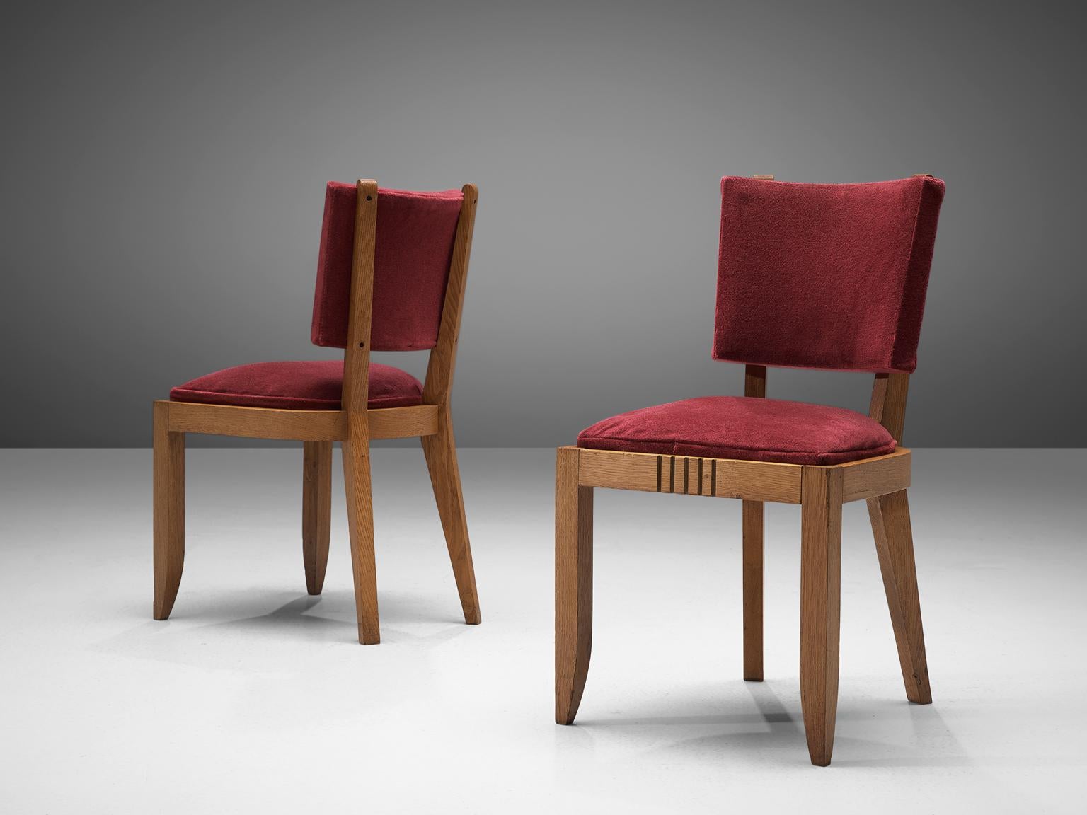 Mid-Century Modern Charles Dudouyt Set of Burgundy Fabric and Oak Dining Chairs