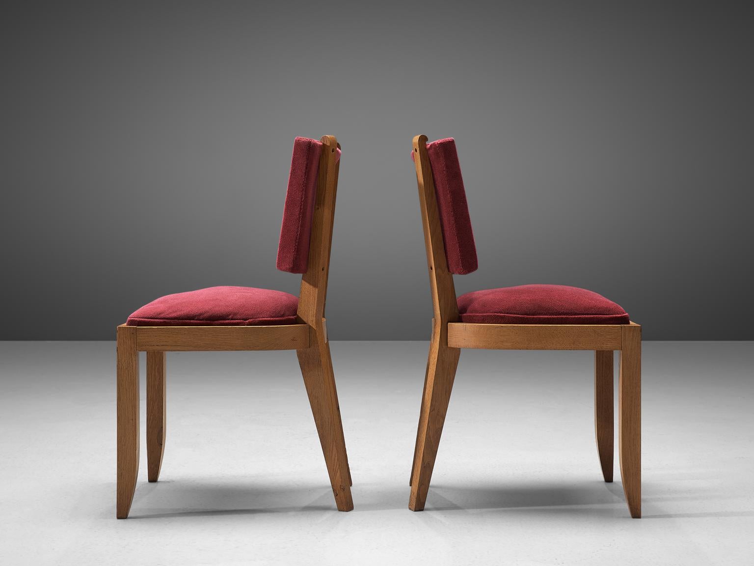 French Charles Dudouyt Set of Burgundy Fabric and Oak Dining Chairs