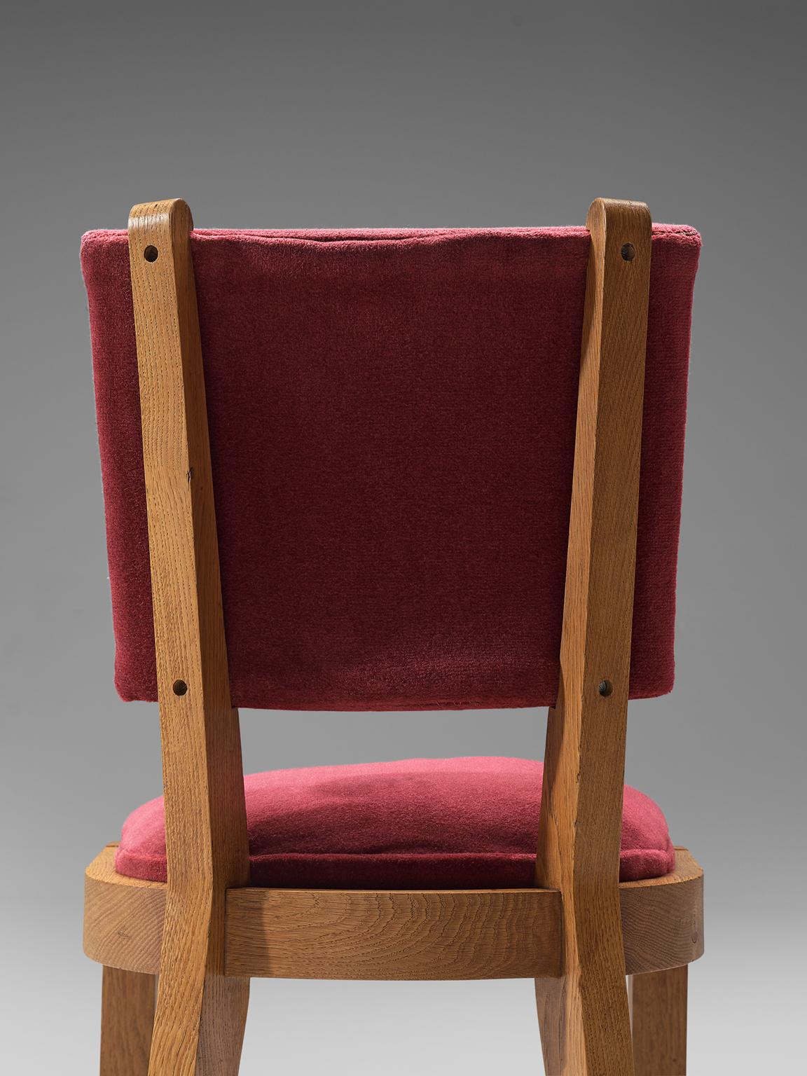 Charles Dudouyt Set of Burgundy Fabric and Oak Dining Chairs In Good Condition In Waalwijk, NL