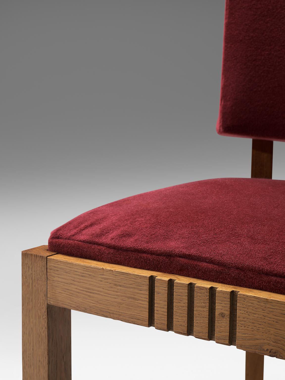 Mid-20th Century Charles Dudouyt Set of Burgundy Fabric and Oak Dining Chairs