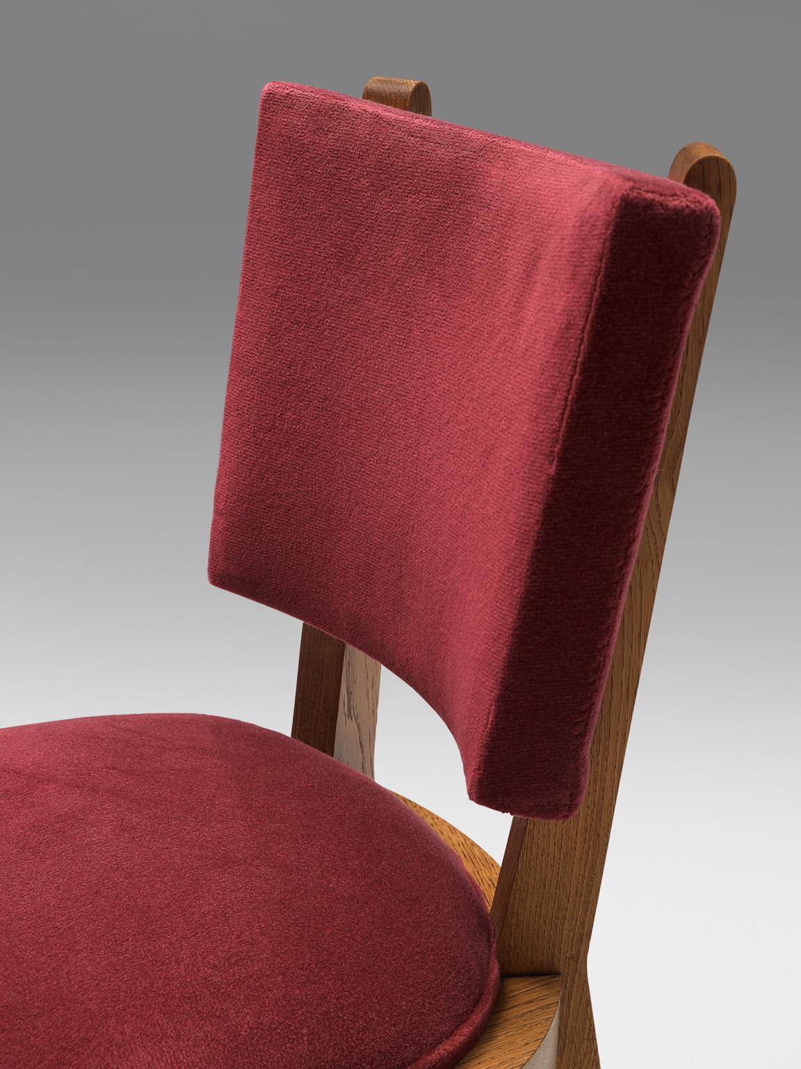 Velvet Charles Dudouyt Set of Burgundy Fabric and Oak Dining Chairs
