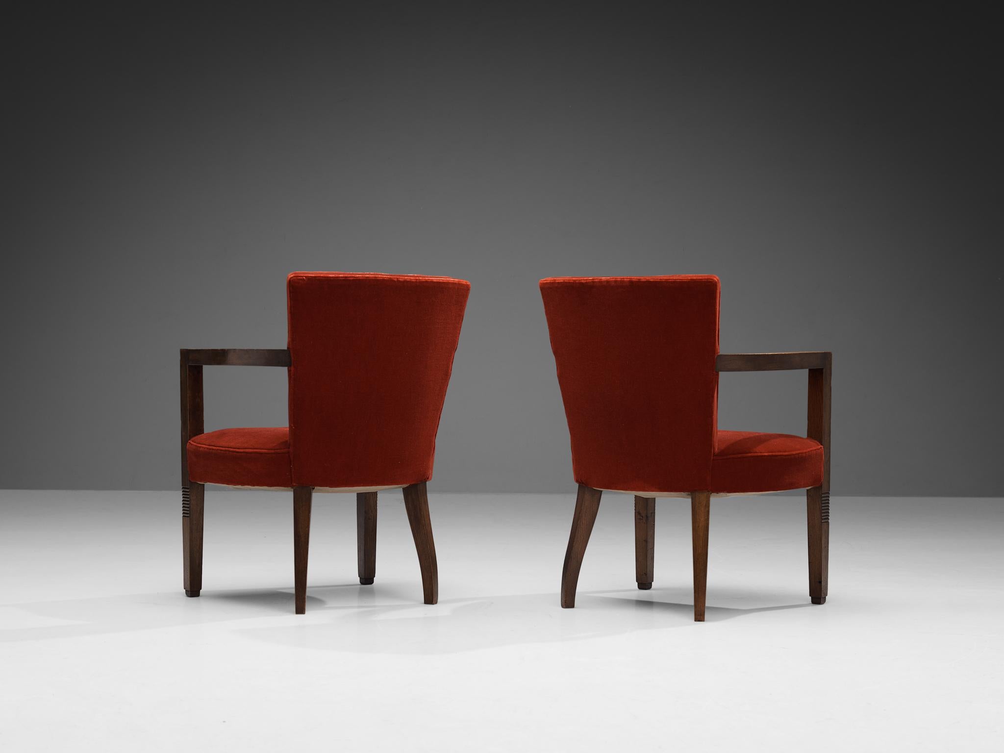 Charles Dudouyt Set of Four Armchairs in Oak and Red Velvet 4