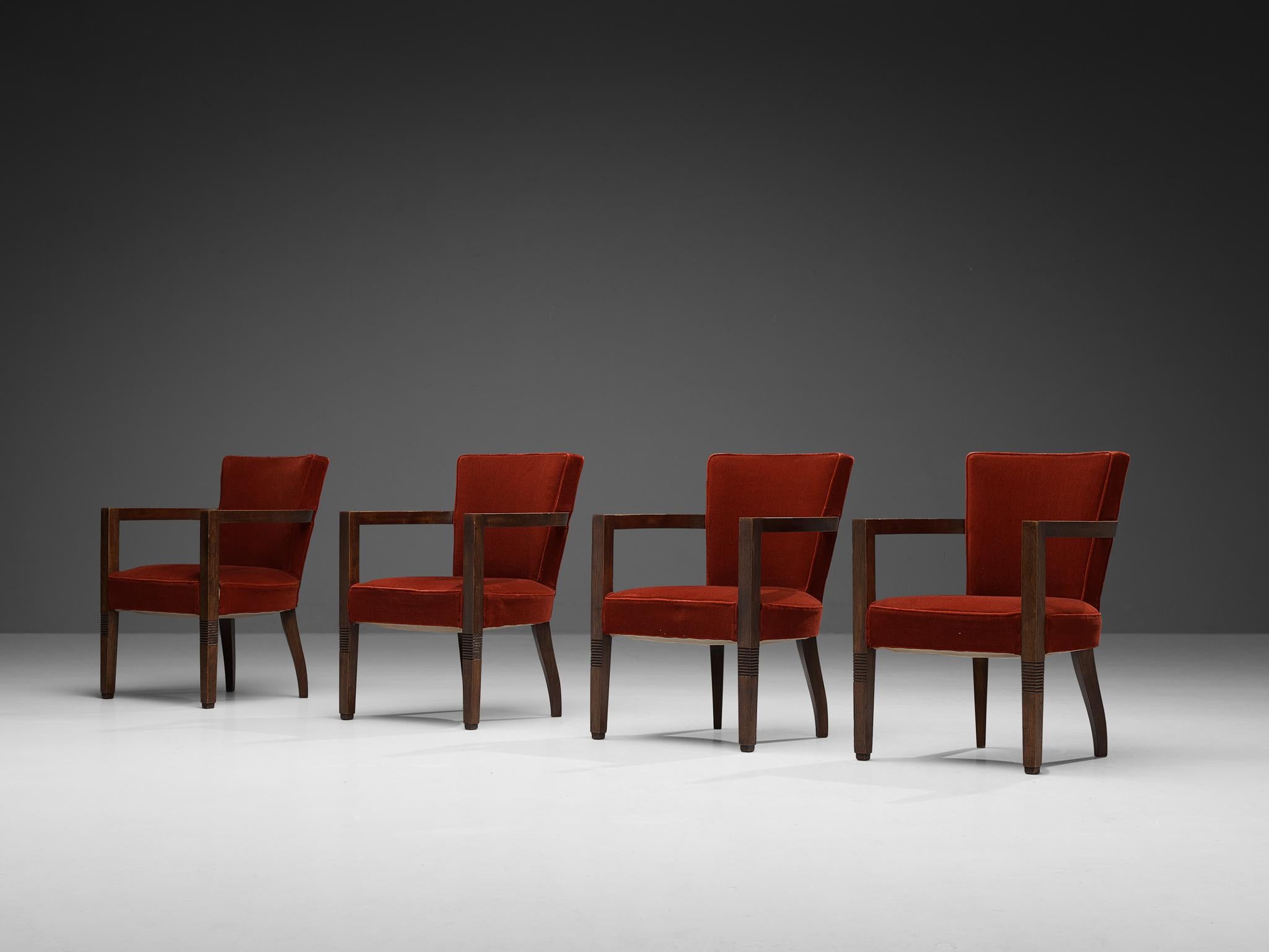 Charles Dudouyt Set of Four Armchairs in Oak and Red Velvet In Good Condition In Waalwijk, NL