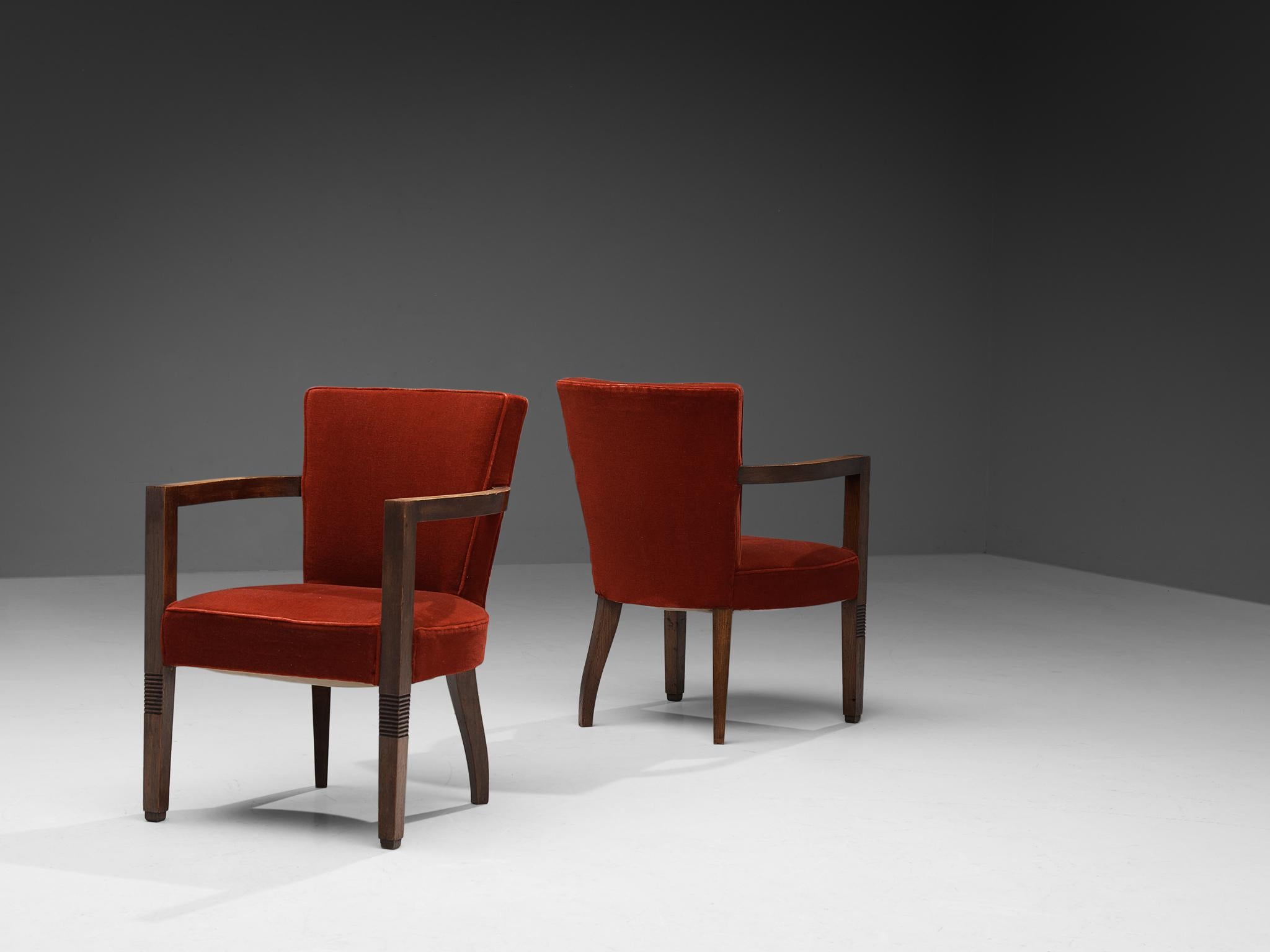 Charles Dudouyt Set of Four Armchairs in Oak and Red Velvet 1