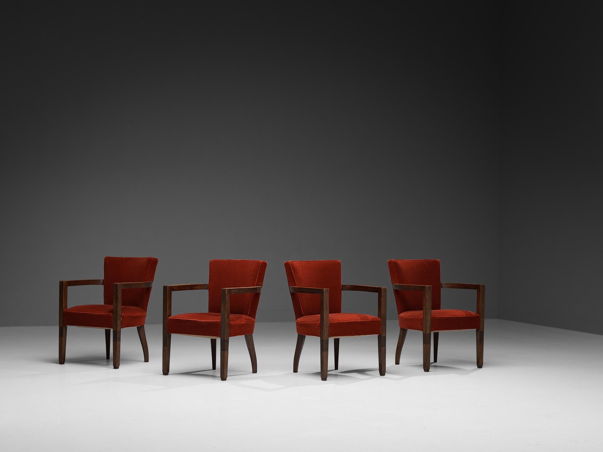 Charles Dudouyt Set of Four Armchairs in Oak and Red Velvet 2