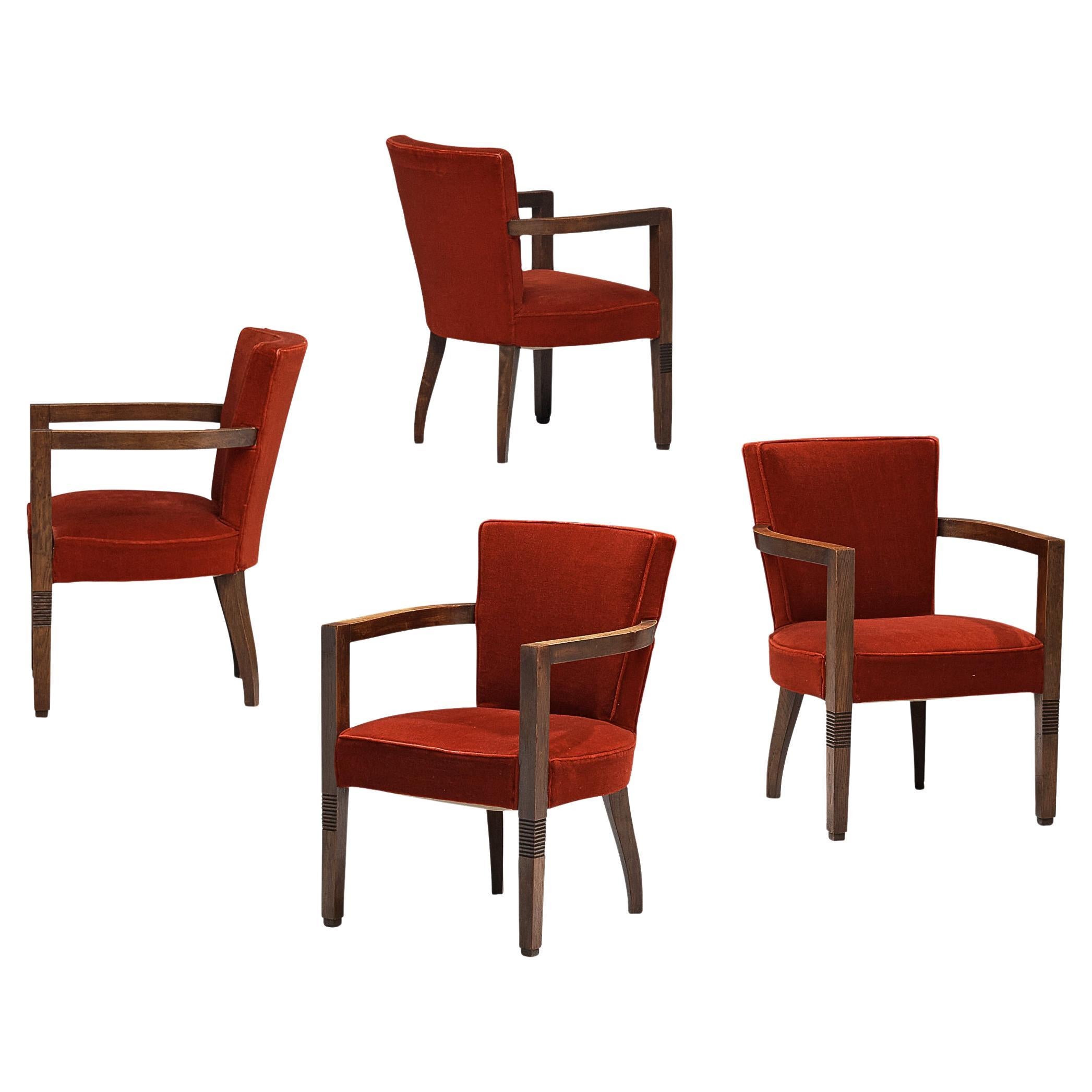 Charles Dudouyt Set of Four Armchairs in Oak and Red Velvet  For Sale