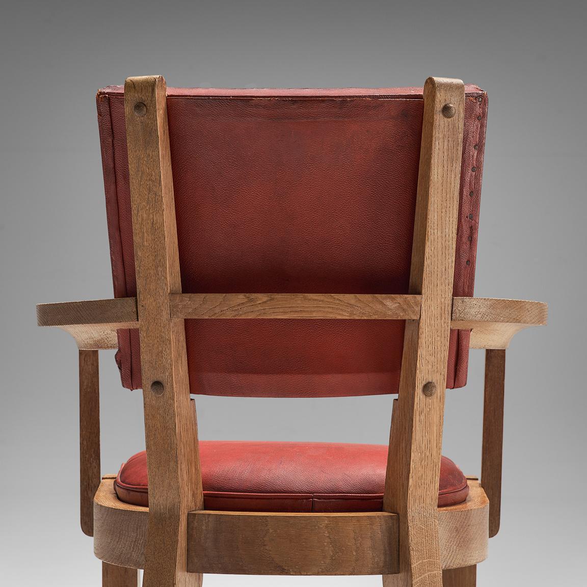 Charles Dudouyt Set of Red Leather Dining Chairs in Oak 4
