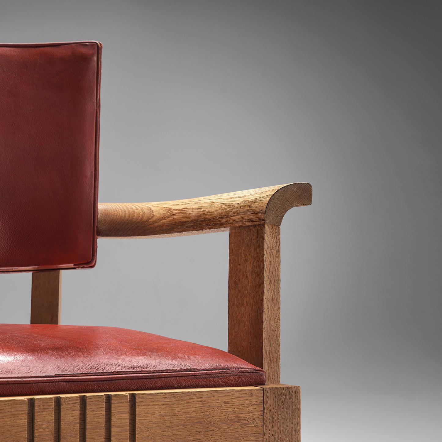 Art Deco Charles Dudouyt Set of Red Leather Dining Chairs in Oak