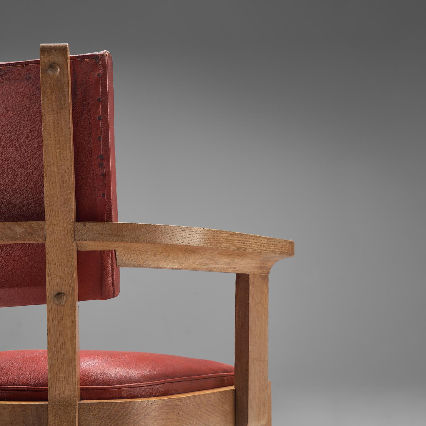Mid-20th Century Charles Dudouyt Set of Red Leather Dining Chairs in Oak