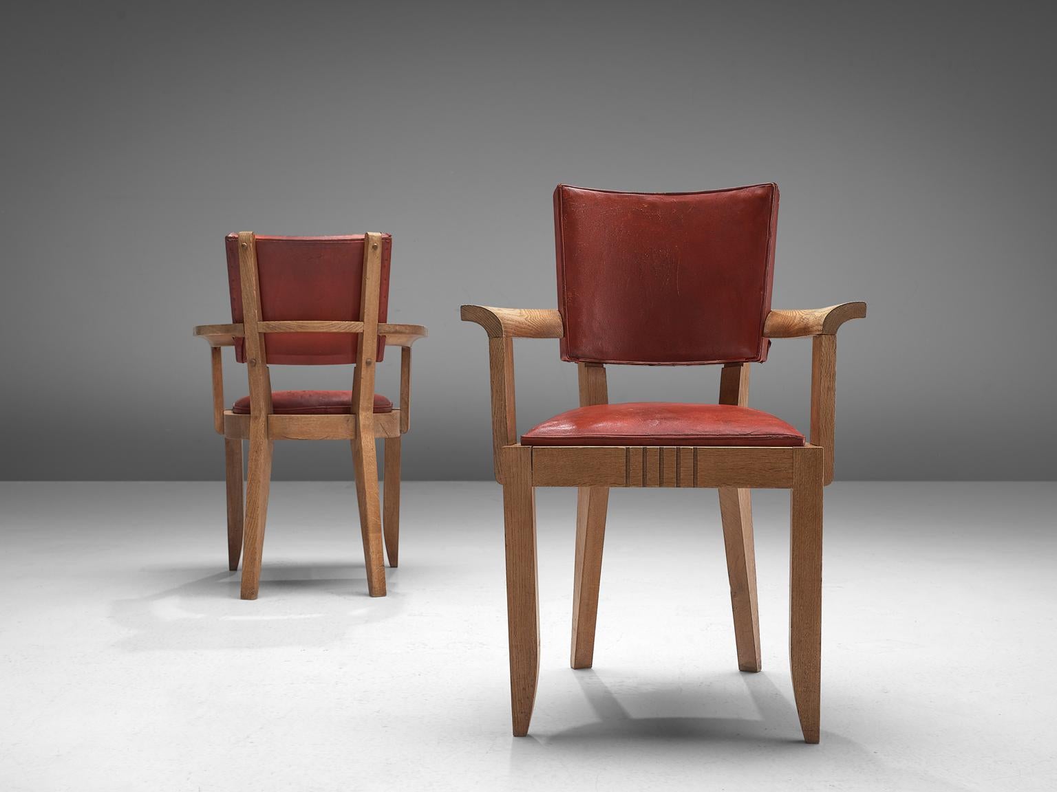 Charles Dudouyt Set of Red Leather Dining Chairs in Oak 1