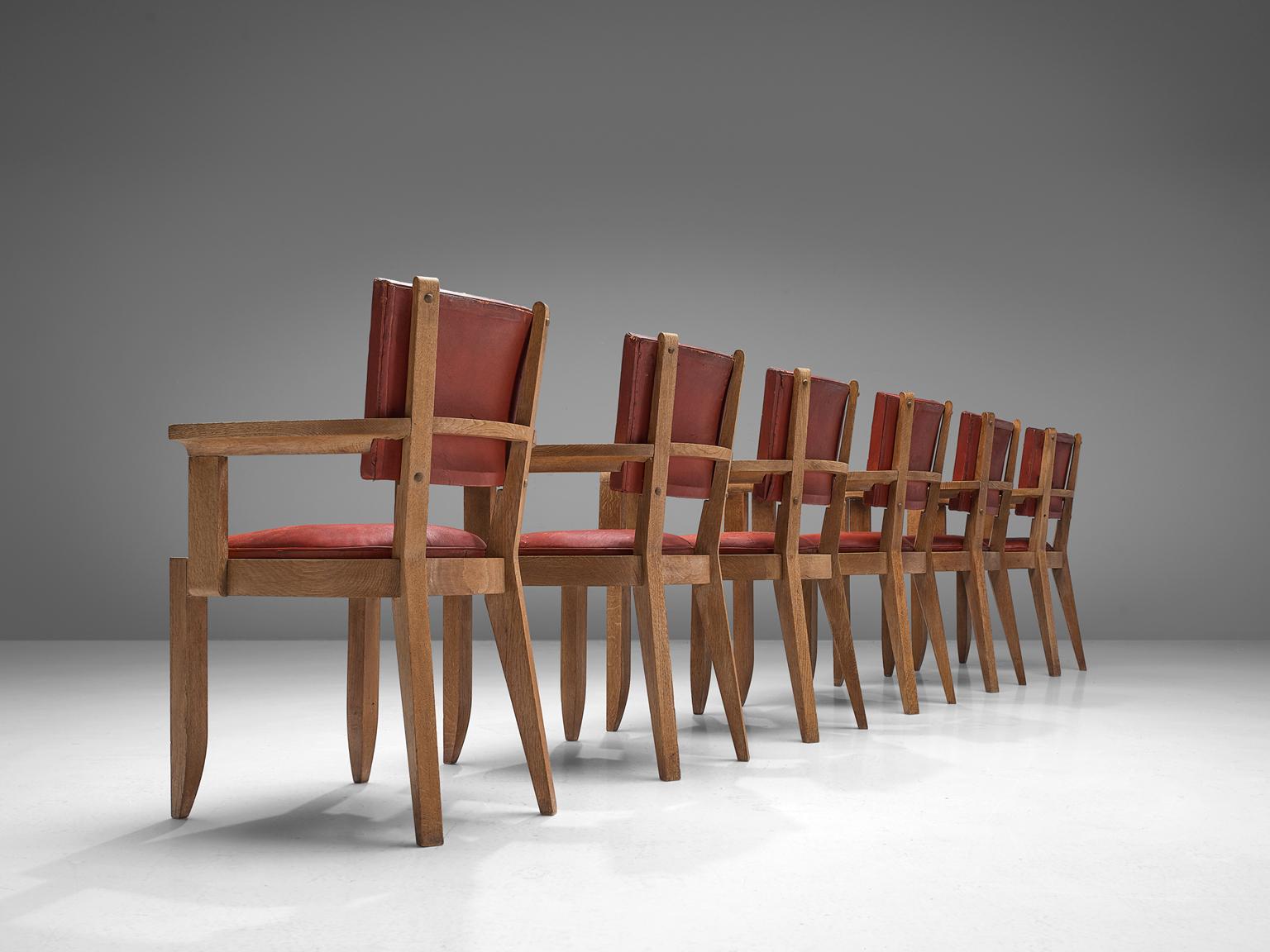 Charles Dudouyt Set of Red Leather Dining Chairs in Oak 3