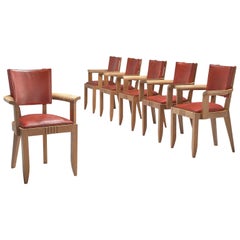 Charles Dudouyt Set of Red Leather Dining Chairs in Oak