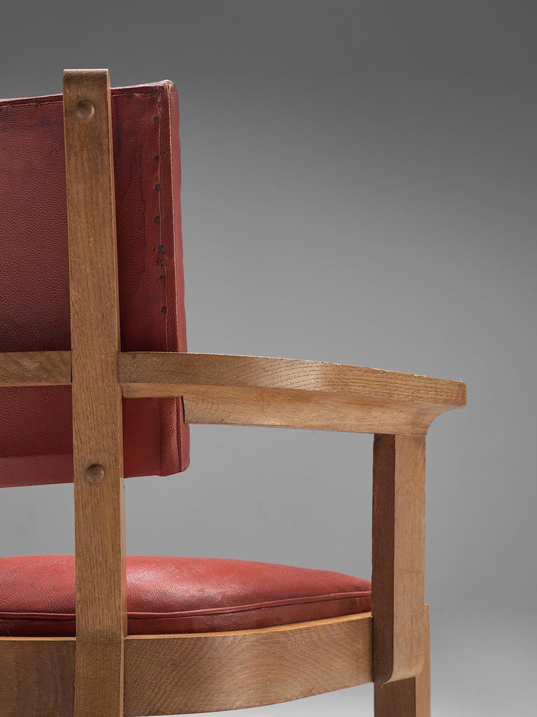 Charles Dudouyt Set of Red Leather Oak Dining Chairs For Sale at