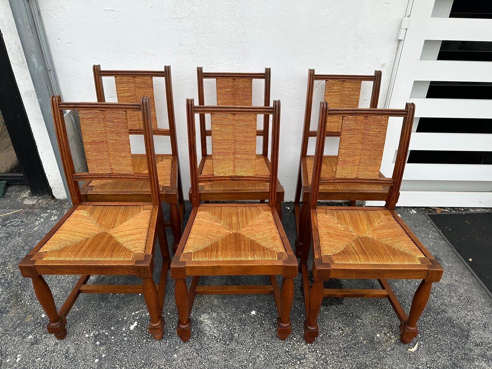 Charles Dudouyt Set of Six (6) Rush and Walnut Dining Chairs For Sale 3