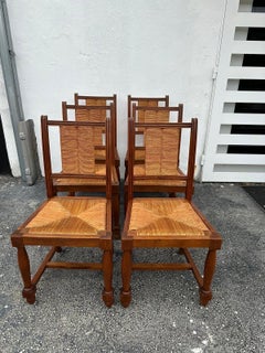 Charles Dudouyt Sechser-Set (6) Esszimmerstühle aus Binsen und Nussbaumholz