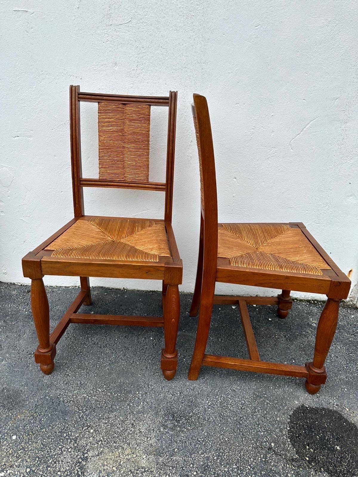 Mid-Century Modern Charles Dudouyt Set of Six (6) Rush and Walnut Dining Chairs For Sale