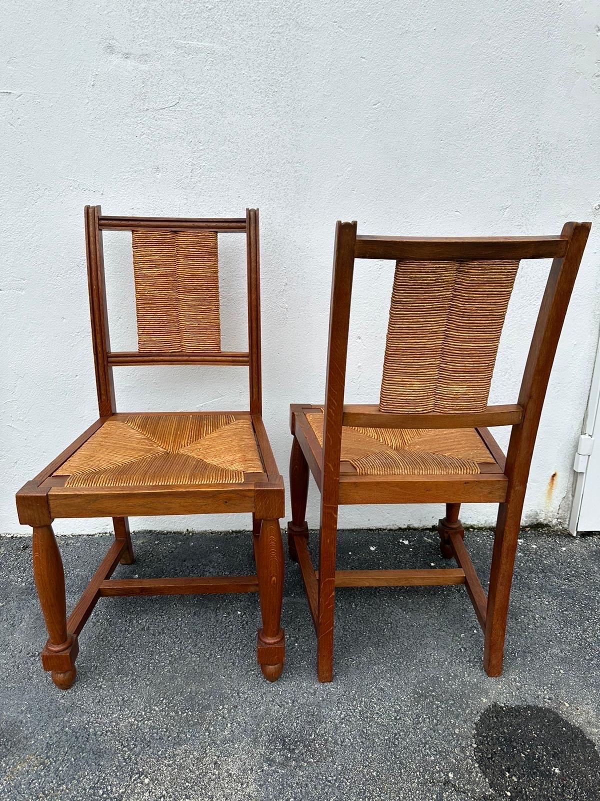 French Charles Dudouyt Set of Six (6) Rush and Walnut Dining Chairs For Sale