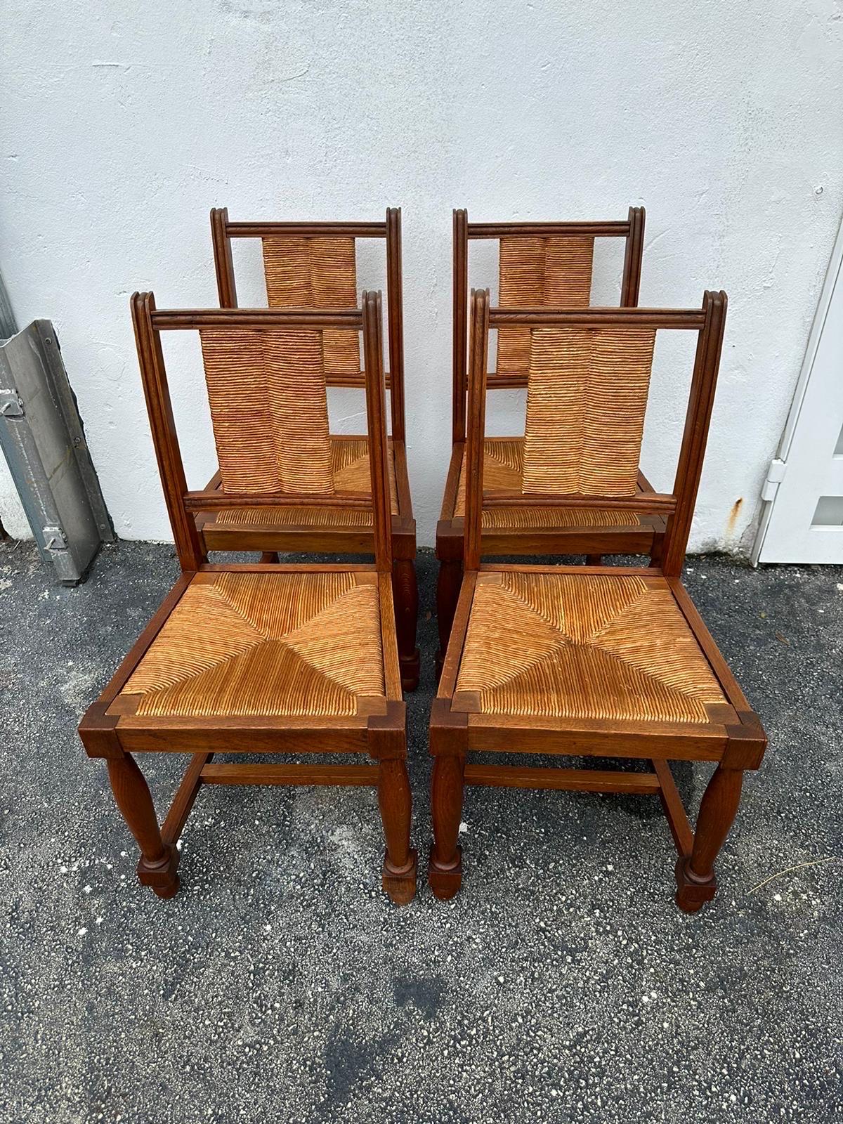 Woven Charles Dudouyt Set of Six (6) Rush and Walnut Dining Chairs For Sale