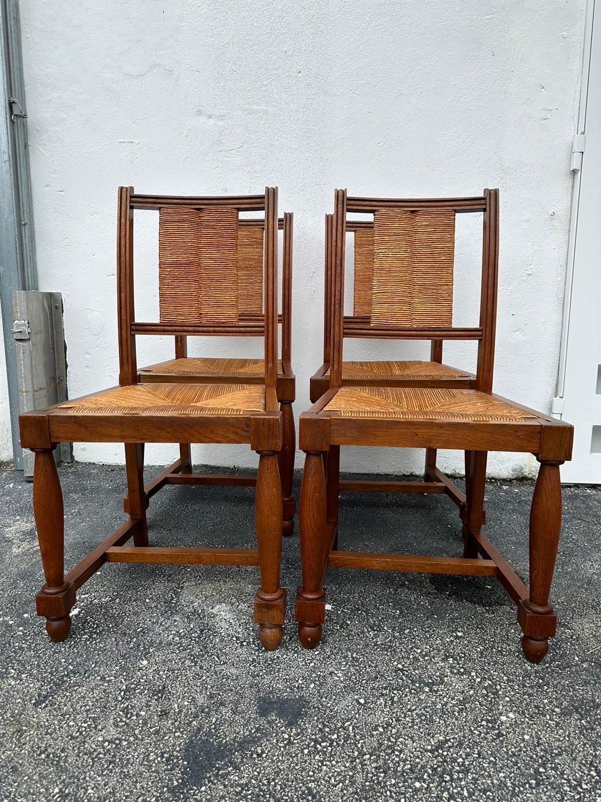 Charles Dudouyt Set of Six (6) Rush and Walnut Dining Chairs In Good Condition For Sale In East Hampton, NY
