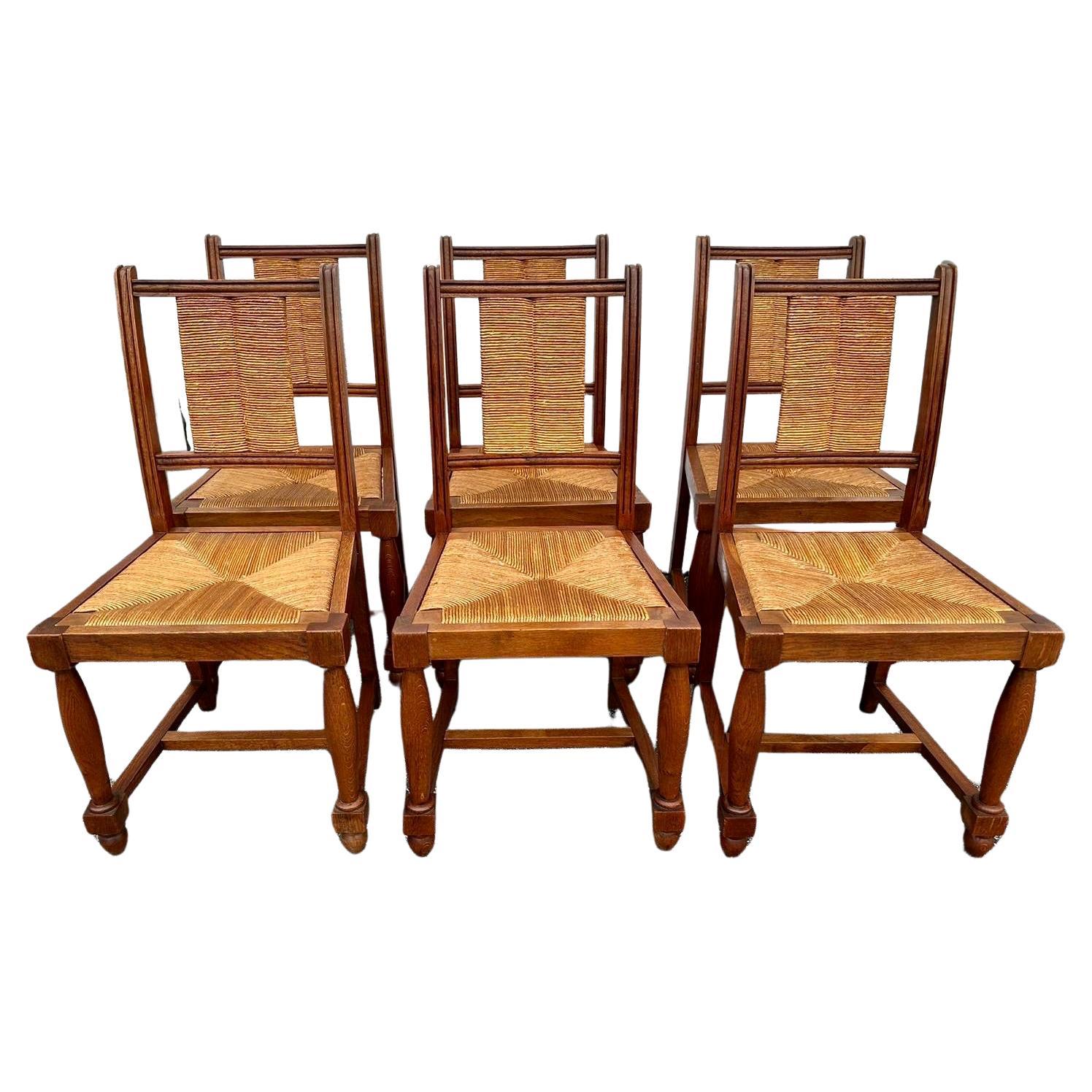 Charles Dudouyt Set of Six (6) Rush and Walnut Dining Chairs For Sale