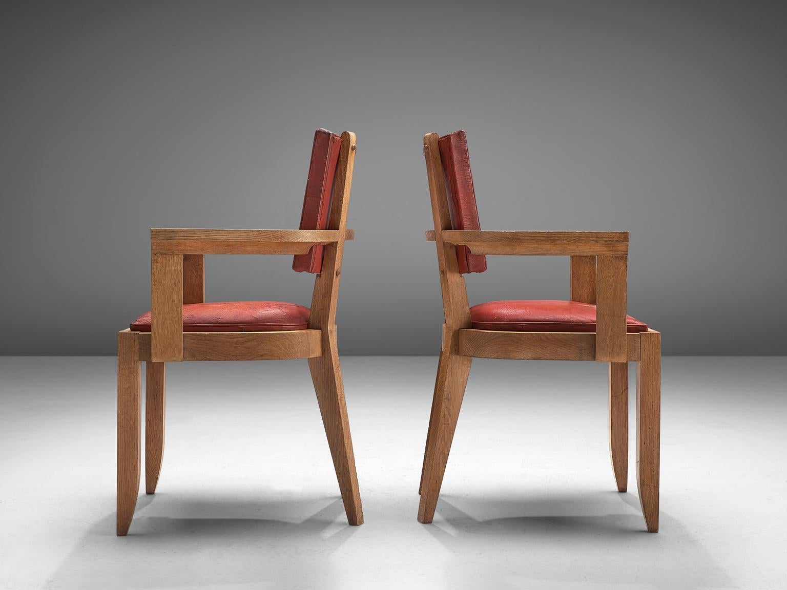 Charles Dudouyt Set of Six Red Leather Oak Dining Chairs In Good Condition In Waalwijk, NL