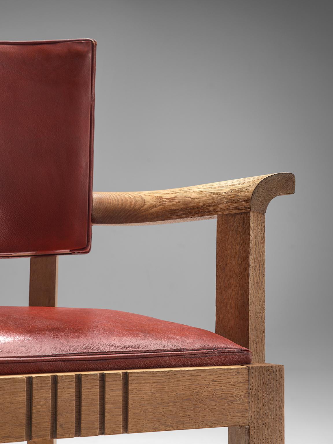 Mid-20th Century Charles Dudouyt Set of Six Red Leather Oak Dining Chairs
