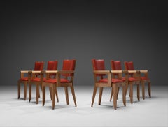 Charles Dudouyt Set of Six Reupholstered Dining Chairs in Oak and Red Leather