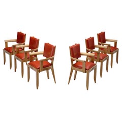 Charles Dudouyt Set of Six Reupholstered Dining Chairs in Oak and Red Leather