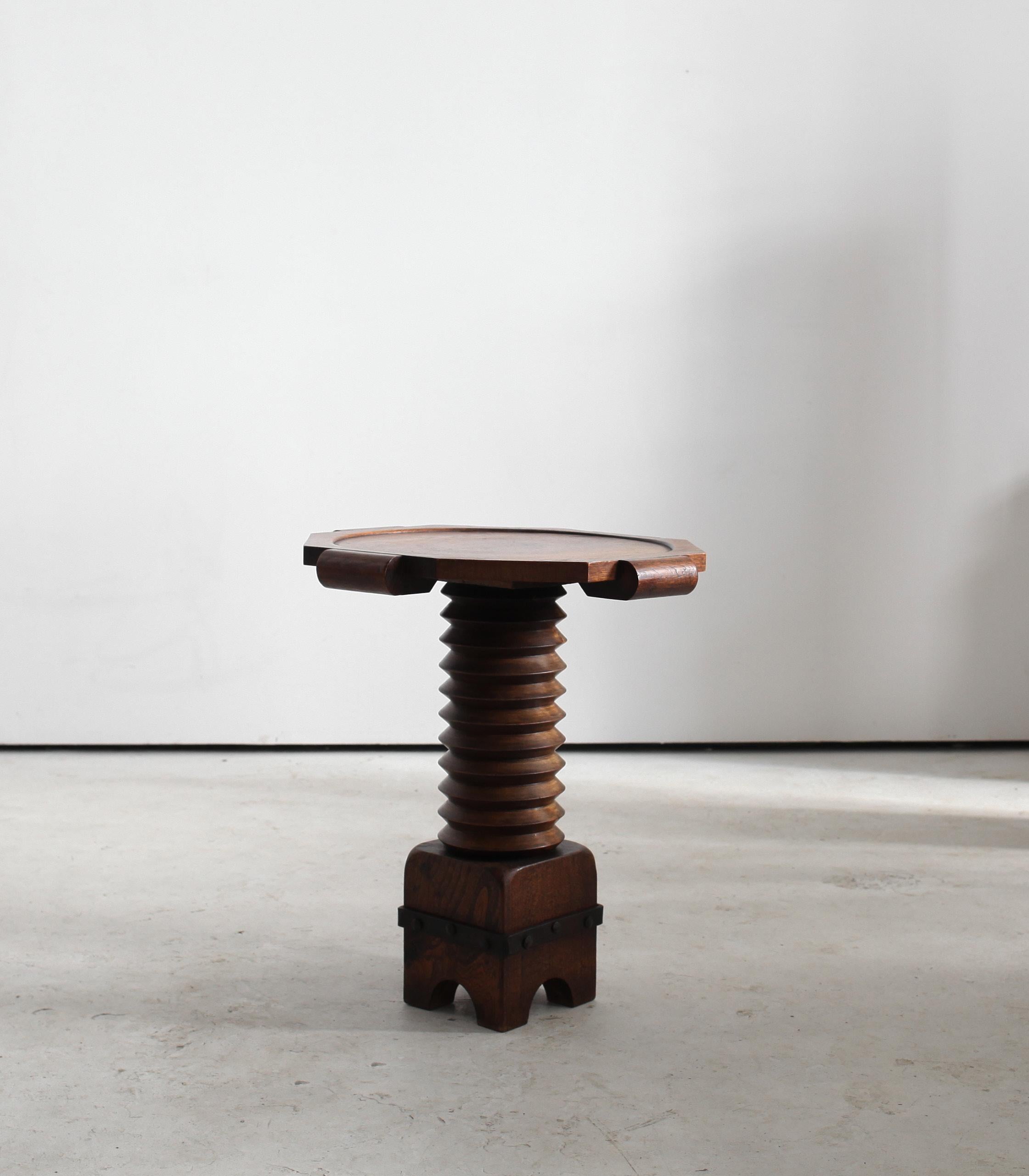 A C.1940s turned oak & walnut side table by French designer Charles Dudouyt

Unusual rare model.