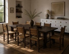 Charles Dudouyt, Six Rustic Dining Chairs, Oak, Rush, France, 1940s