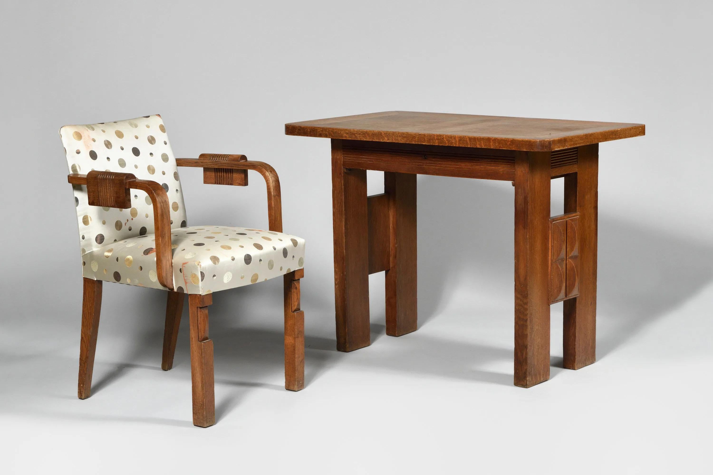 Charles Dudouyt, Small Desk Table and Its Oak Armchair, circa 1935 In Good Condition In Saint-Ouen, FR