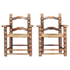 Sillones estilo Charles Dudouyt en madera de haya y asiento de junco, Francia, años 40
