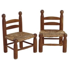 Charles Dudouyt style "Chaise low oak straw chairs, 1960s