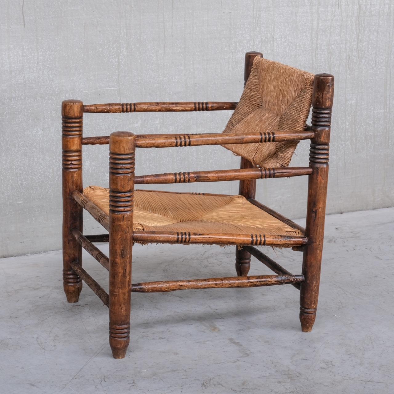Charles Dudouyt Style Mid-Century Rush Oak French Armchair For Sale 5