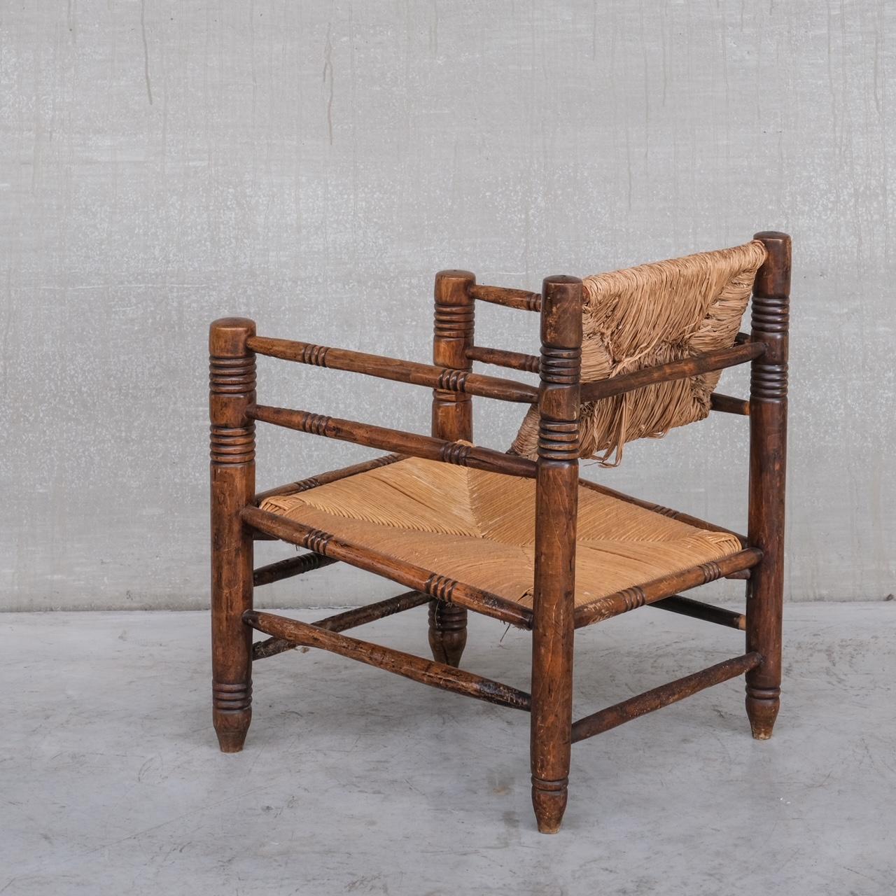 Charles Dudouyt Style Mid-Century Rush Oak French Armchair In Good Condition For Sale In London, GB