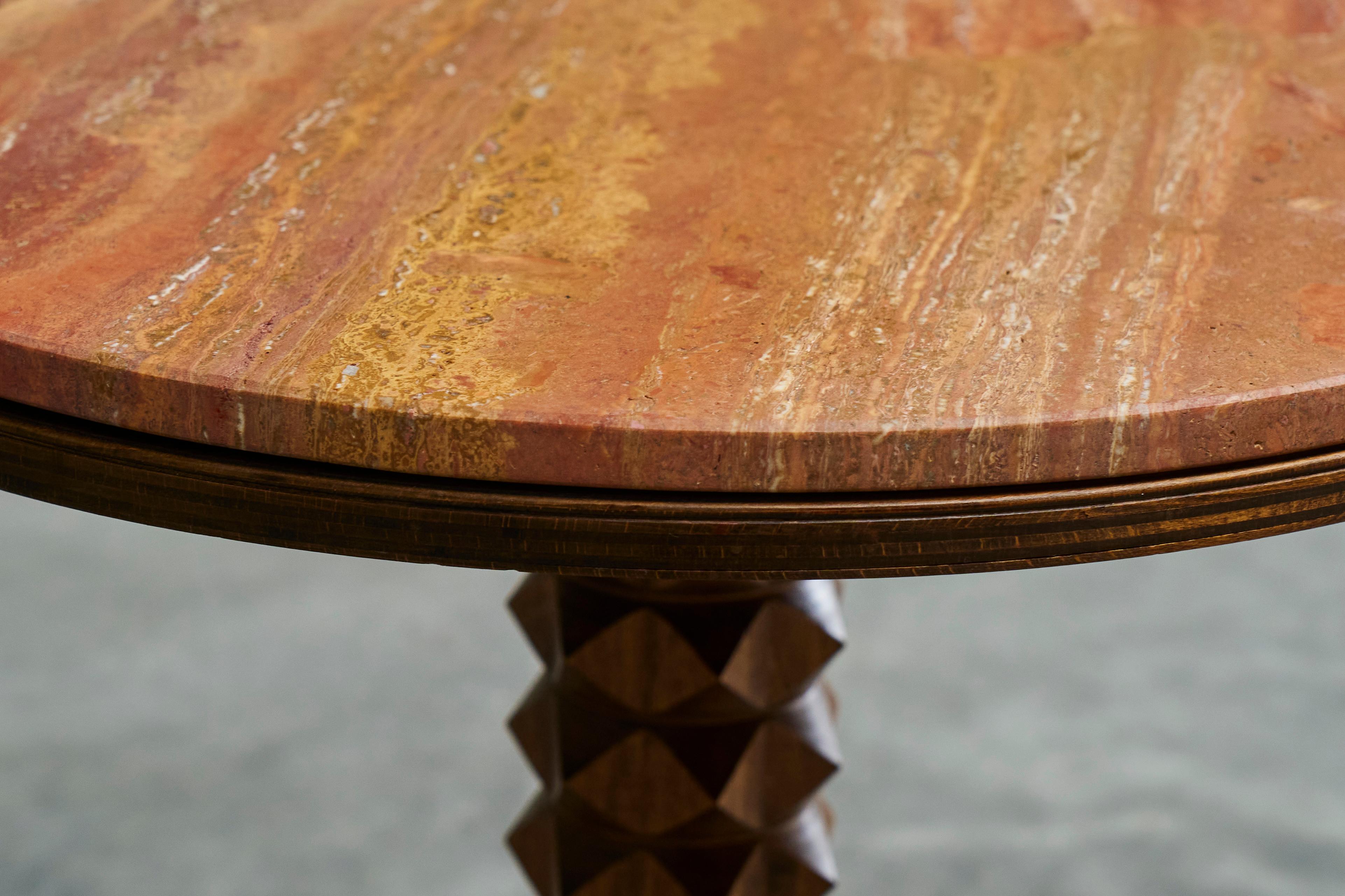 Charles Dudouyt Style Pedestal Side Table in Wood and Red Travertine 1930s For Sale 6