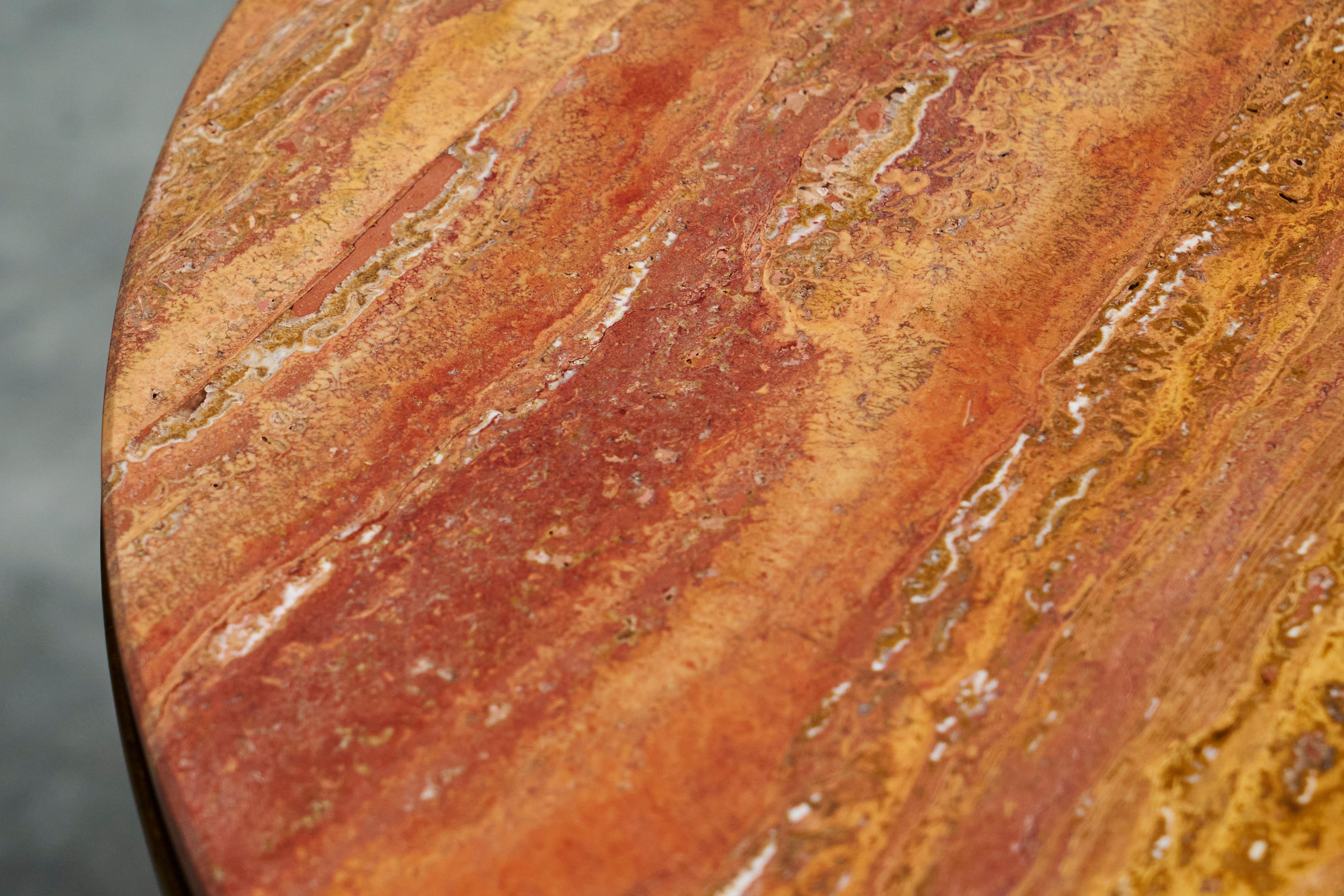 Hand-Crafted Charles Dudouyt Style Pedestal Side Table in Wood and Red Travertine 1930s For Sale