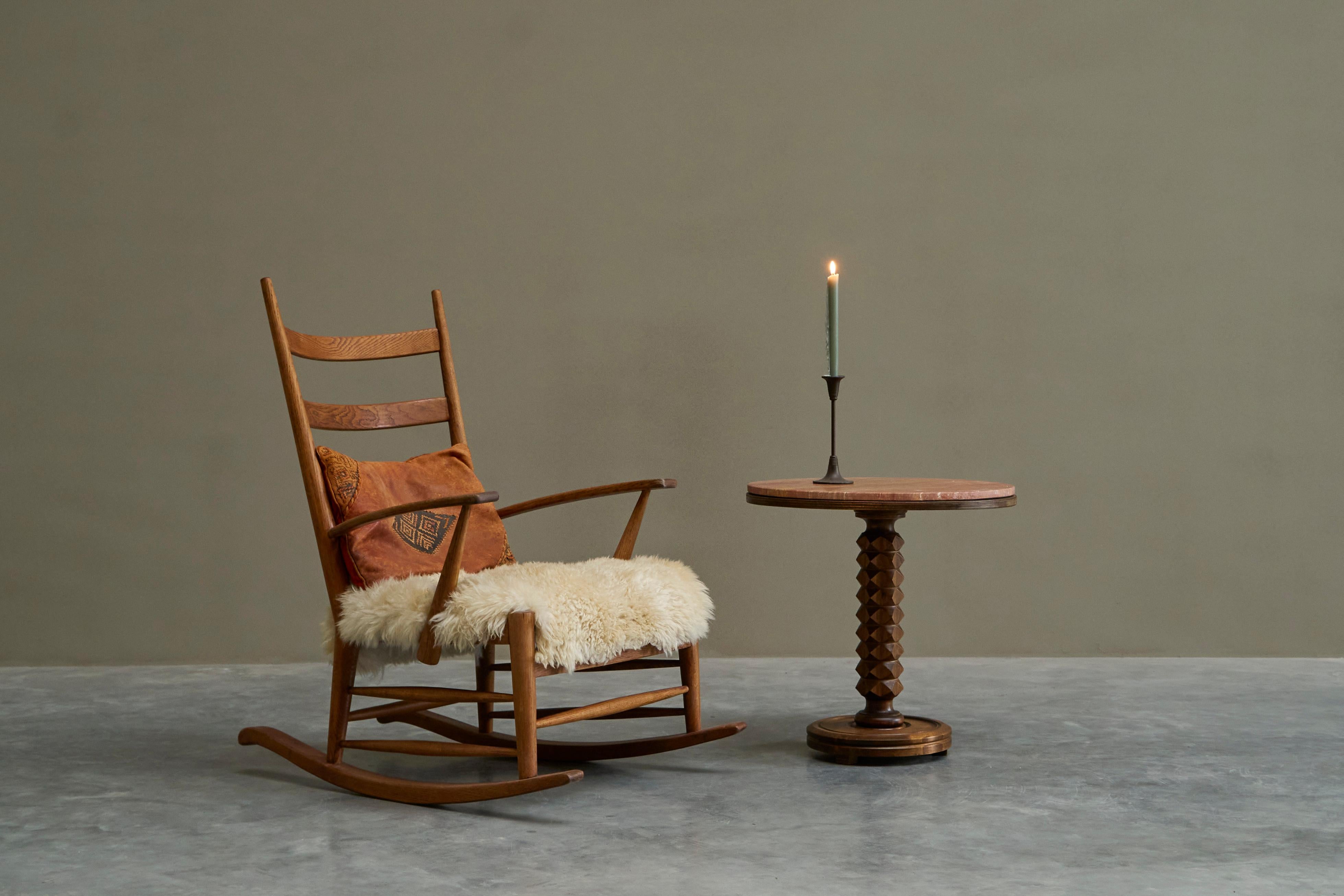 Charles Dudouyt Style Pedestal Side Table in Wood and Red Travertine 1930s In Good Condition For Sale In Meer, VAN