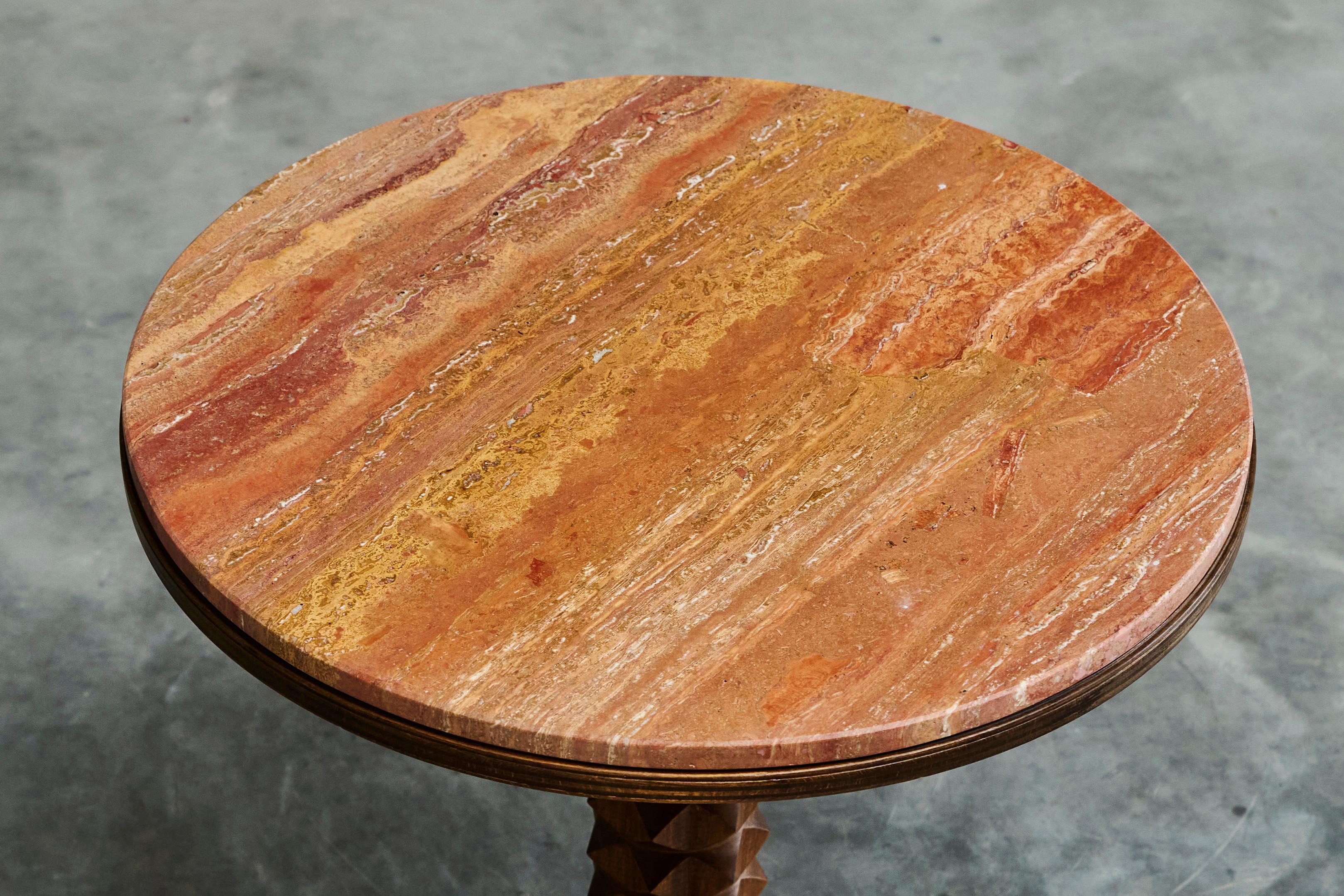 20th Century Charles Dudouyt Style Pedestal Side Table in Wood and Red Travertine 1930s For Sale