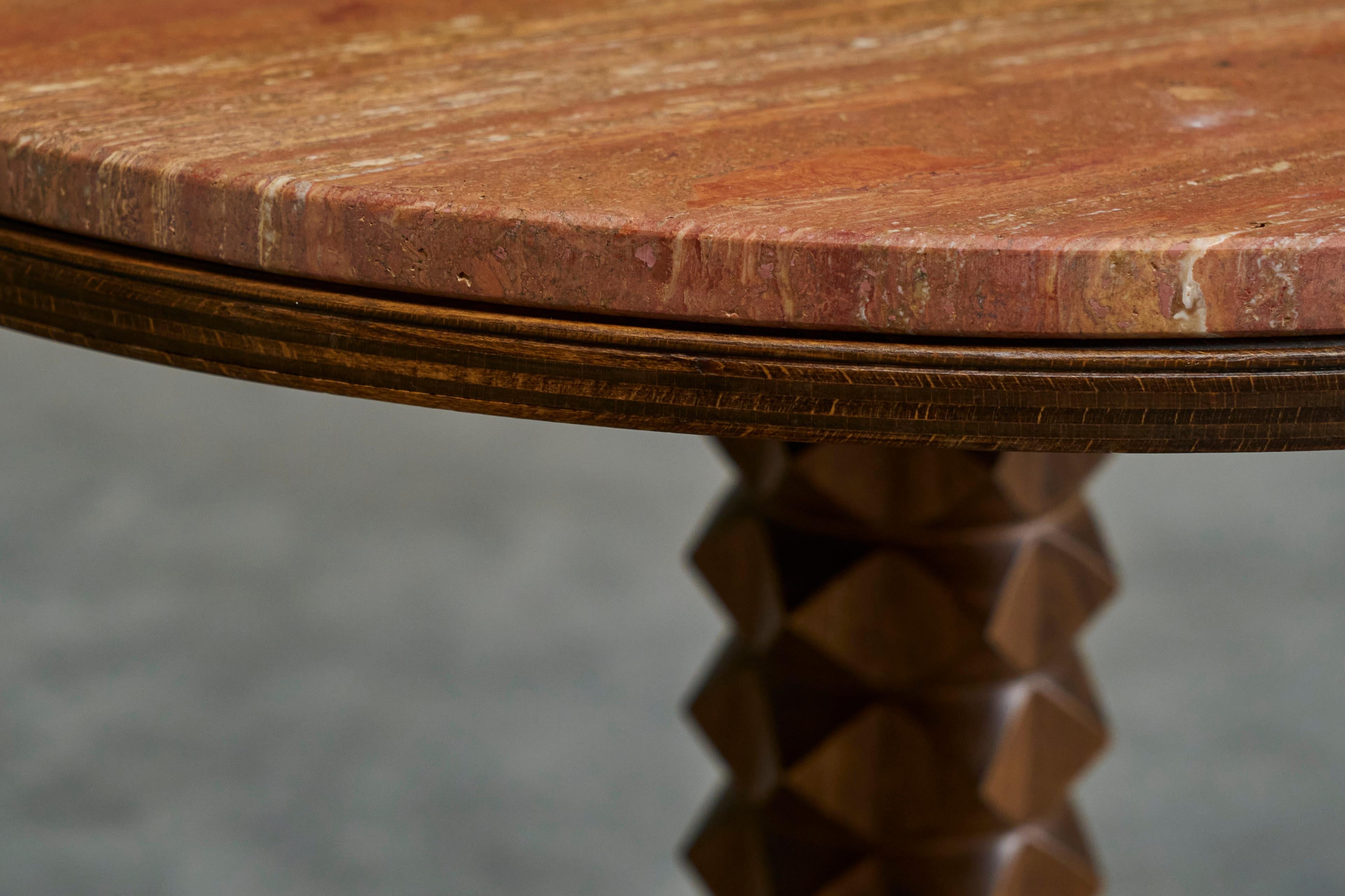 Charles Dudouyt Style Pedestal Side Table in Wood and Red Travertine 1930s For Sale 2