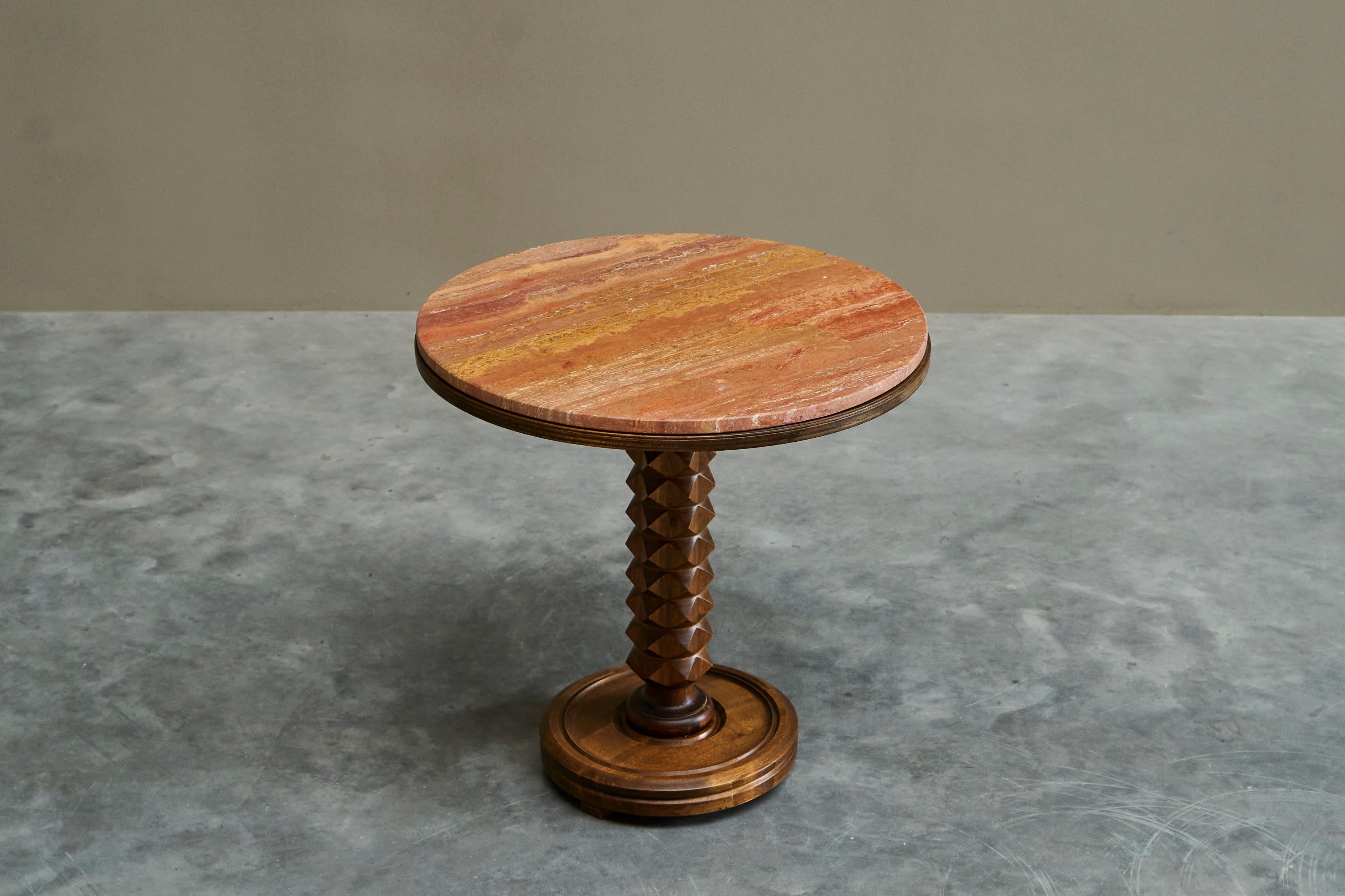 Charles Dudouyt Style Pedestal Side Table in Wood and Red Travertine 1930s For Sale 3