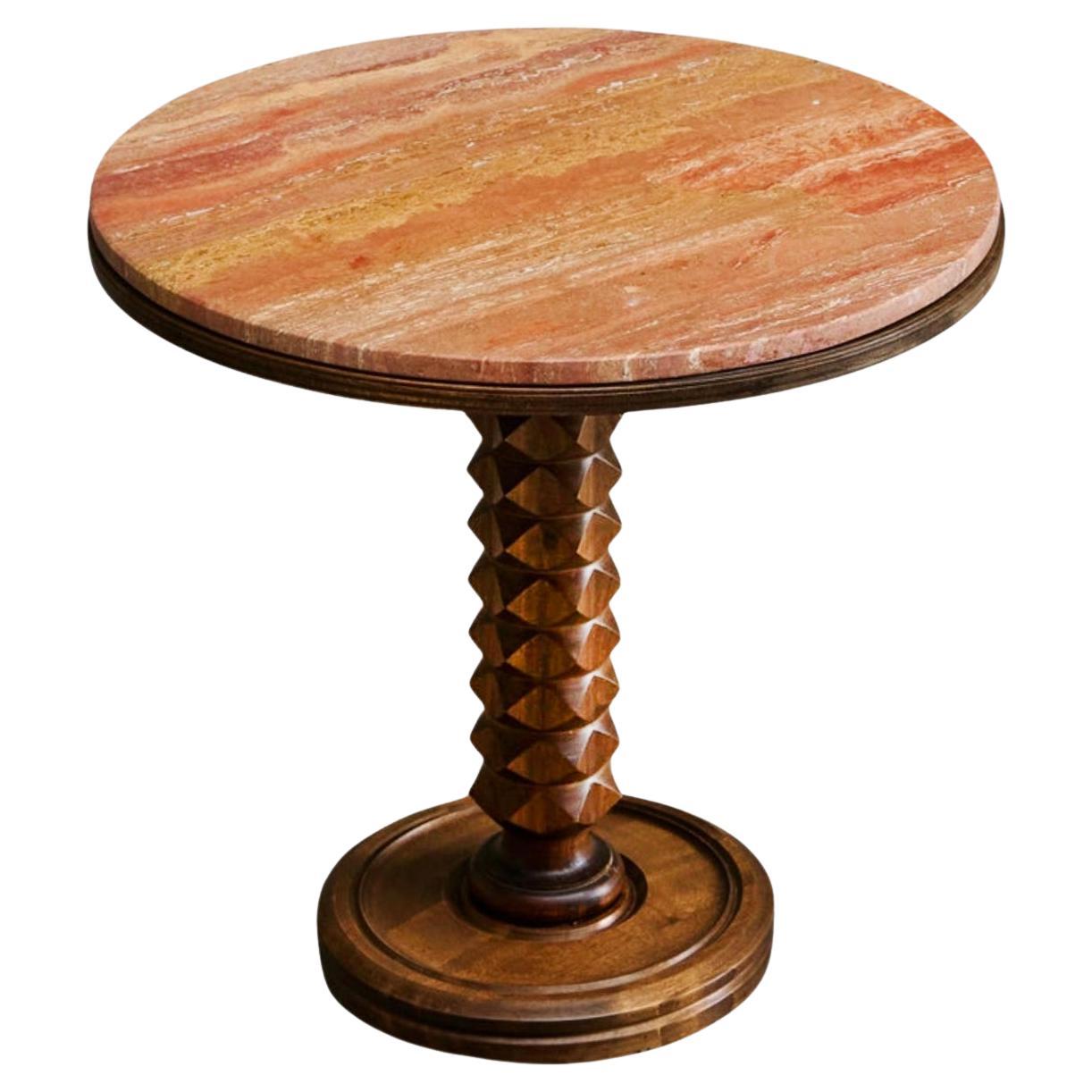Charles Dudouyt Style Pedestal Side Table in Wood and Red Travertine 1930s For Sale