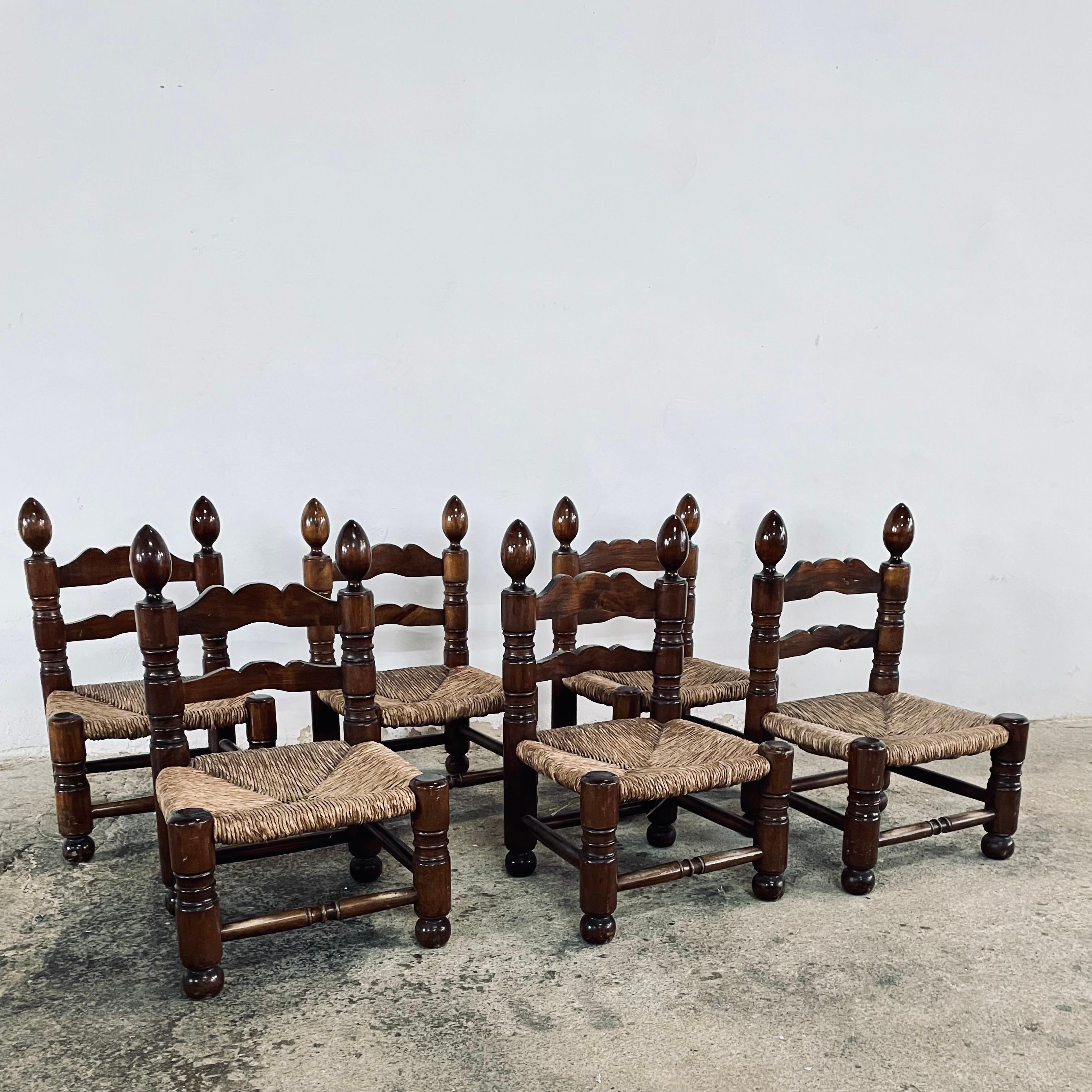 French Charles Dudouyt Style Rush Seat Low Chairs, France 1950s For Sale