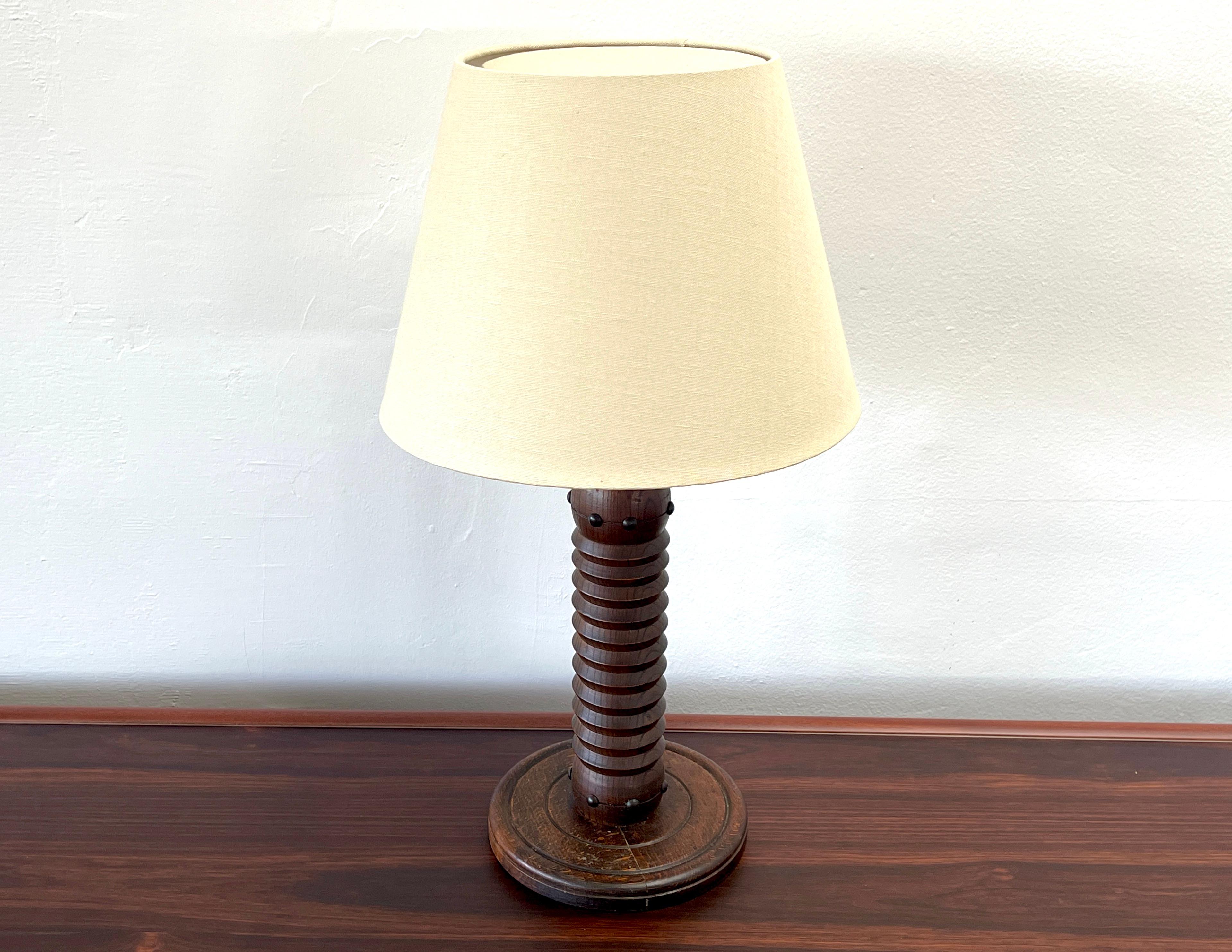 Charles Dudouyt table lamp with chunky corkscrew base and new linen shade.