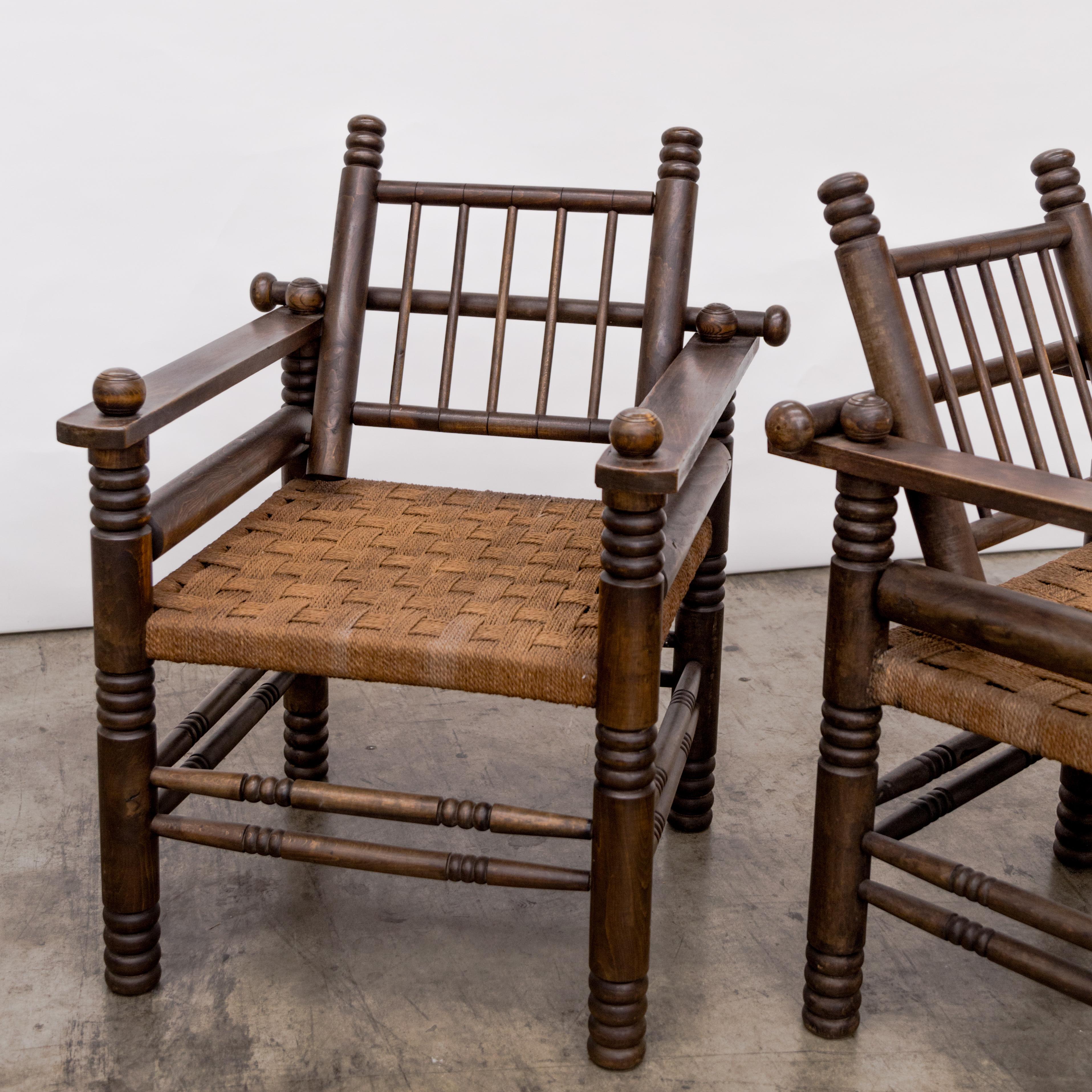 Charles Dudouyt  Turned Walnut + Rush Seat Armchairs For Sale 7