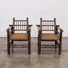 Charles Dudouyt  Turned Walnut + Rush Seat Armchairs