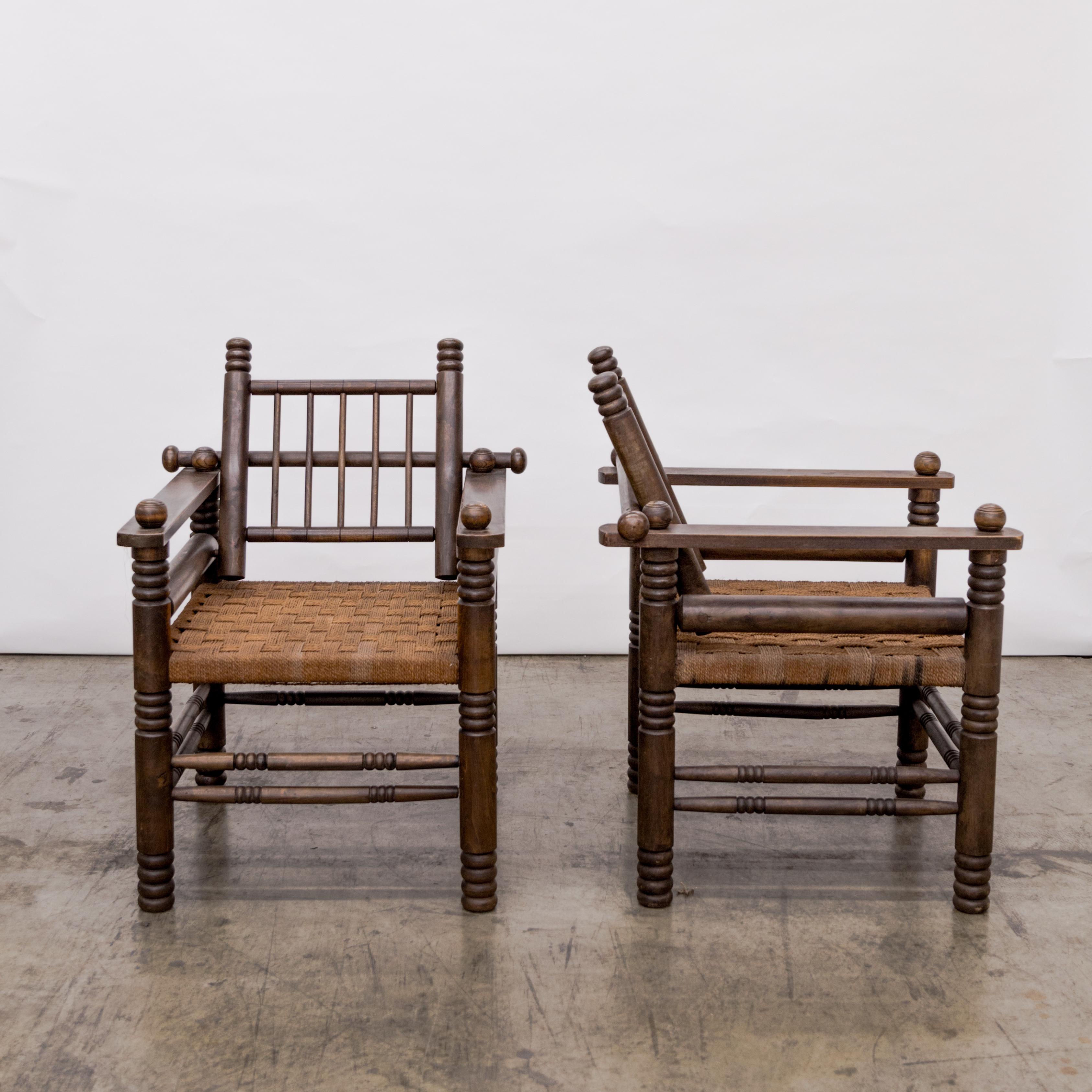 Woven Charles Dudouyt  Turned Walnut + Rush Seat Armchairs For Sale