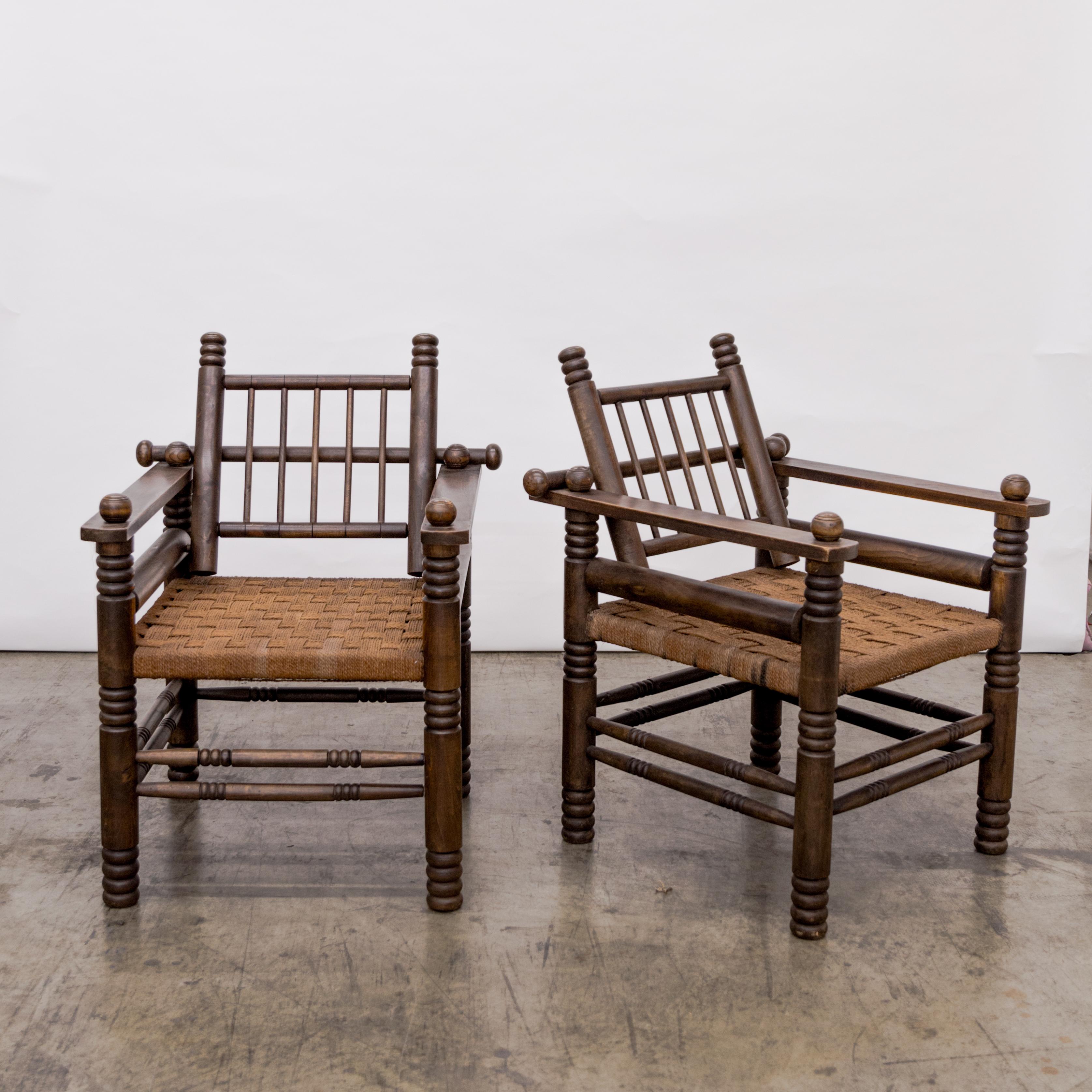Charles Dudouyt  Turned Walnut + Rush Seat Armchairs In Good Condition For Sale In West Hollywood, CA